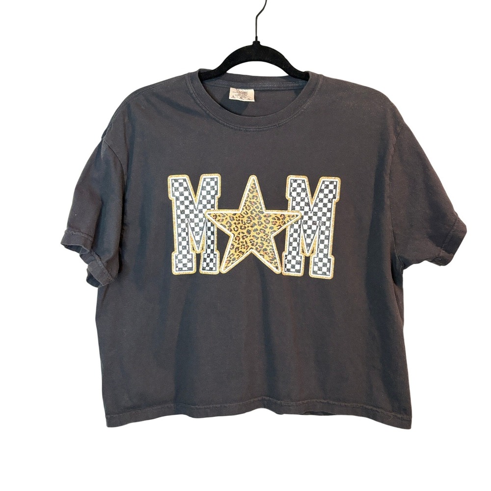 Comfort Colors Black MAM Star Graphic T-Shirt Womens Large Leopard Checkered Tee